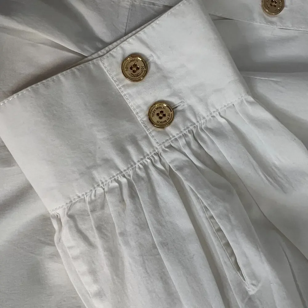 Tory Burch Women’s Size 8 White Button Down Shirt Gold Logo Buttons Blouse